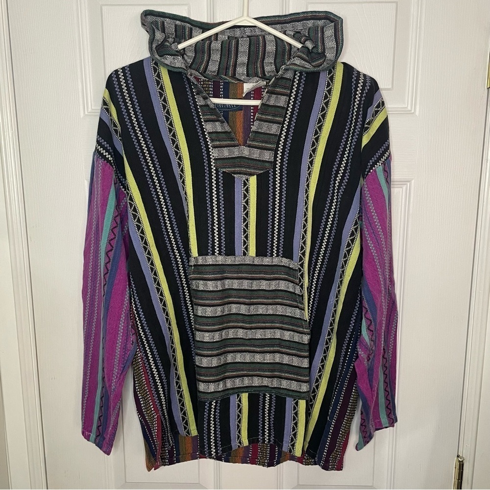 Vintage Bluenotes 100% Cotton Colourful Striped Pullover Hooded Top Medium